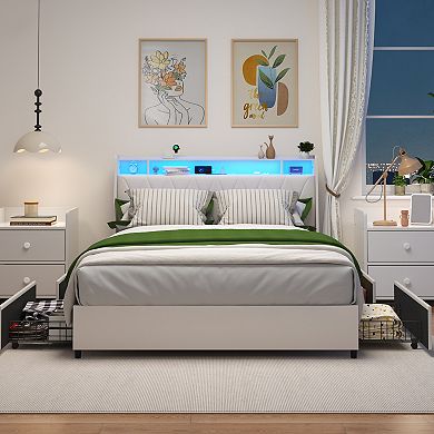 Trikiousd Metal Platform Bed Frame with Ergonomic Headboard, LED Light, Charging Station