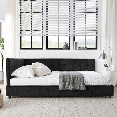 Trikiousd Mid-Century Velvet Daybed with Backrest and Armrest, Sturdy Wooden Frame