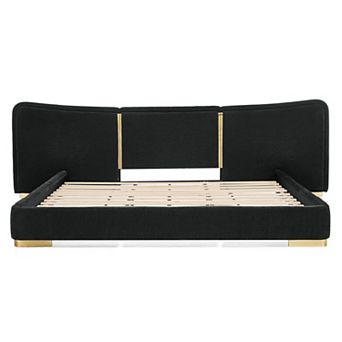 Trikiousd Extra Large Upholstered Platform Bed with Curved Headboard and Metal Support Legs