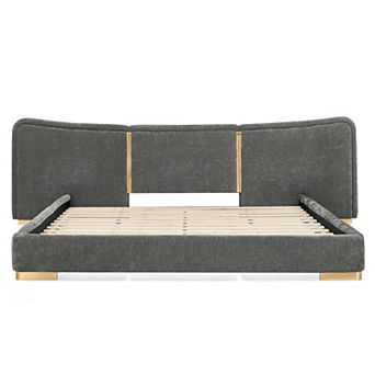 Trikiousd Extra Large Upholstered Platform Bed with Curved Headboard and Metal Support Legs