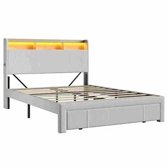 Trikiousd Upholstered Storage Bed Frame with LED Light, Charging Station, Drawers