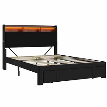 Trikiousd Upholstered Storage Bed Frame with LED Light, Charging Station, Drawers