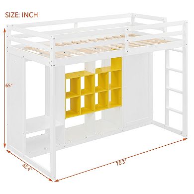 Trikiousd Wood Loft Bed Multi-Storage Bed Frame with Wardrobe & Shelves & Cabinet