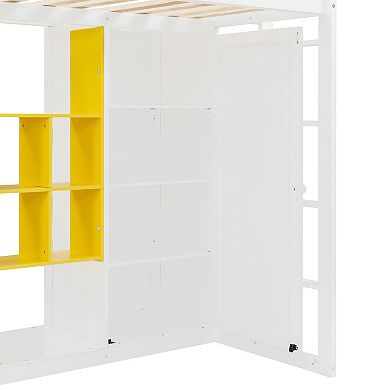 Trikiousd Wood Loft Bed Multi-Storage Bed Frame with Wardrobe & Shelves & Cabinet
