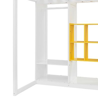 Trikiousd Wood Loft Bed Multi-Storage Bed Frame with Wardrobe & Shelves & Cabinet