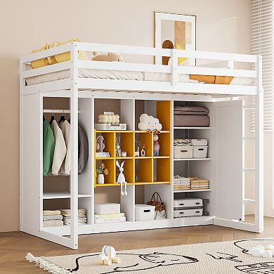 Trikiousd Wood Loft Bed Multi-Storage Bed Frame with Wardrobe & Shelves & Cabinet