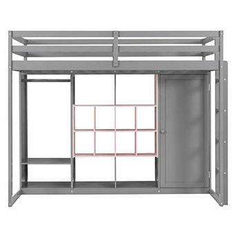Trikiousd Wood Loft Bed Multi-Storage Bed Frame with Wardrobe & Shelves & Cabinet
