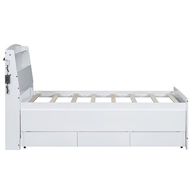 Trikiousd Wood Storage Platform Bed with LED Headboard, Twin Size Trundle and 3 Drawers