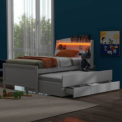 Trikiousd Wood Storage Platform Bed with LED Headboard, Twin Size Trundle and 3 Drawers