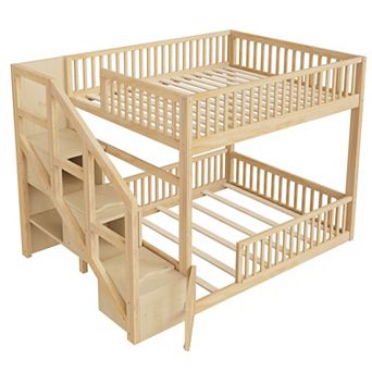 Trikiousd Full over Full Twin Floor Bunk Bed with Storage Ladder and Guardrails for Kids Teens Adult