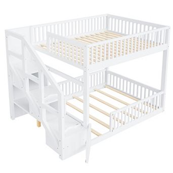 Trikiousd Full over Full Twin Floor Bunk Bed with Storage Ladder and Guardrails for Kids Teens Adult