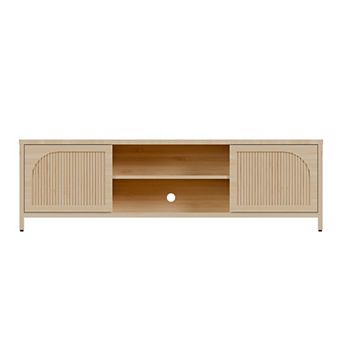 Trikiousd Bamboo TV Cabinet with Open Shelves and Storage Doors