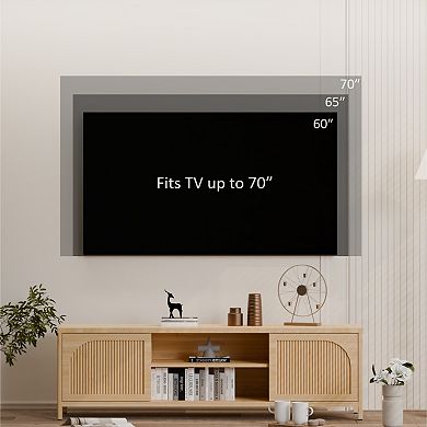 Trikiousd Bamboo TV Cabinet with Open Shelves and Storage Doors