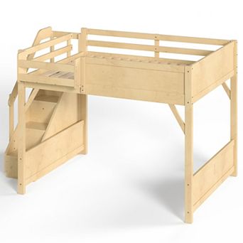 Trikiousd Queen Size Solid Wood Loft Bed with Built-in Wardrobe & Beside Shelves