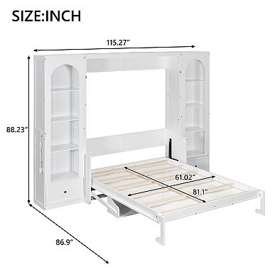 Trikiousd Queen Size Murphy Bed Wall Bed LED Folding Platform Bed w/ Shelf, Side Cabinets & Drawers