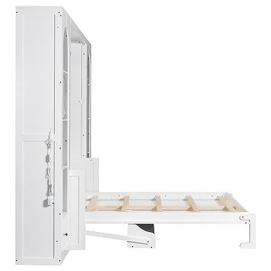 Trikiousd Queen Size Murphy Bed Wall Bed LED Folding Platform Bed w/ Shelf, Side Cabinets & Drawers