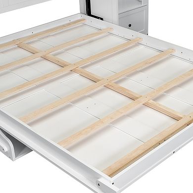 Trikiousd Queen Size Murphy Bed Wall Bed LED Folding Platform Bed w/ Shelf, Side Cabinets & Drawers
