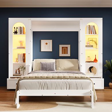 Trikiousd Queen Size Murphy Bed Wall Bed LED Folding Platform Bed w/ Shelf, Side Cabinets & Drawers
