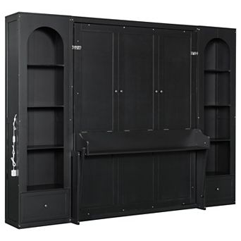 Trikiousd Queen Size Murphy Bed Wall Bed LED Folding Platform Bed w/ Shelf, Side Cabinets & Drawers