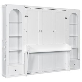 Trikiousd Queen Size Murphy Bed Wall Bed LED Folding Platform Bed w/ Shelf, Side Cabinets & Drawers