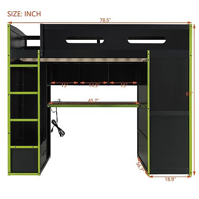 Trikiousd LED Gaming Loft Bed Modern Wood Full Size Bed Frame w/ Desk, Wardrobe & Drawers