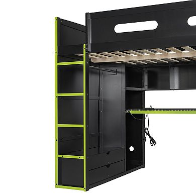 Trikiousd LED Gaming Loft Bed Modern Wood Full Size Bed Frame w/ Desk, Wardrobe & Drawers