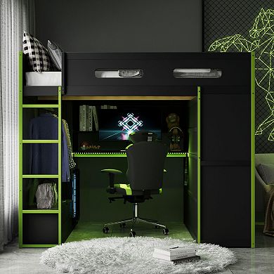 Trikiousd LED Gaming Loft Bed Modern Wood Full Size Bed Frame w/ Desk, Wardrobe & Drawers