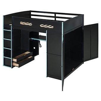 Trikiousd LED Gaming Loft Bed Modern Wood Full Size Bed Frame w/ Desk, Wardrobe & Drawers