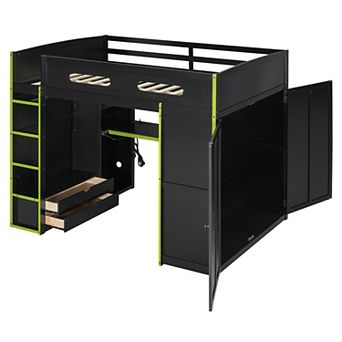 Trikiousd LED Gaming Loft Bed Modern Wood Full Size Bed Frame w/ Desk, Wardrobe & Drawers
