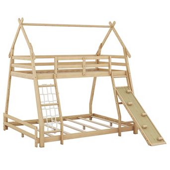 Trikiousd Twin Over Queen Bunk Bed Kids Solid Wood House Shaped Bed Frame with Climbing Nets & Ramp