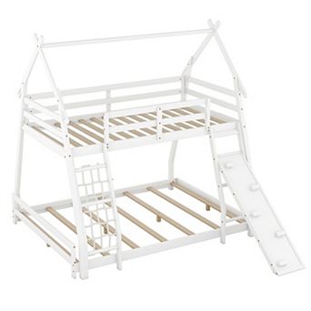 Trikiousd Twin Over Queen Bunk Bed Kids Solid Wood House Shaped Bed Frame with Climbing Nets & Ramp