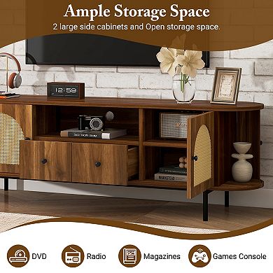 Trikiousd American Style TV Stand with Rattan Doors and Hidden Storage