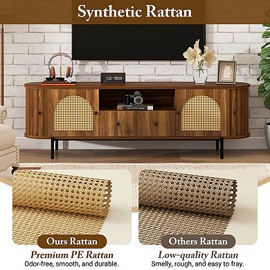 Trikiousd American Style TV Stand with Rattan Doors and Hidden Storage
