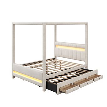 Trikiousd Queen Size Upholstered LED Canopy Bed Frame with Twin Trundle Bed & 3 Storage Drawes