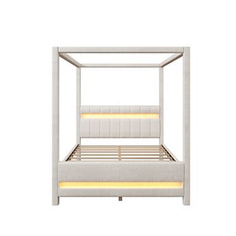 Trikiousd Queen Size LED Canopy Bed Frame Wood Platform Bed with Upholstered Headboard