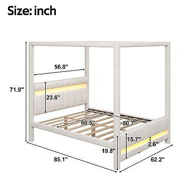 Trikiousd Queen Size LED Canopy Bed Frame Wood Platform Bed with Upholstered Headboard