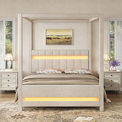 Trikiousd Queen Size LED Canopy Bed Frame Wood Platform Bed with Upholstered Headboard