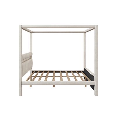 Trikiousd Queen Size LED Canopy Bed Frame Wood Platform Bed with Upholstered Headboard