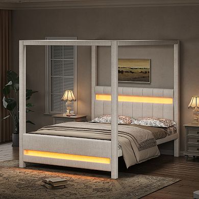 Trikiousd Queen Size LED Canopy Bed Frame Wood Platform Bed with Upholstered Headboard