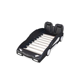 Trikiousd Race Car-Shaped Platform Bed with Wheels, Kids Twin Pine Wood Bed Frame with Slat Support
