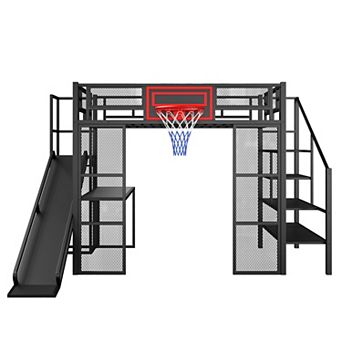 Trikiousd Full Size Loft Bed w/ Desk & Storage Staircase, Metal Bed Frame w/Basketball Hoop & Slide
