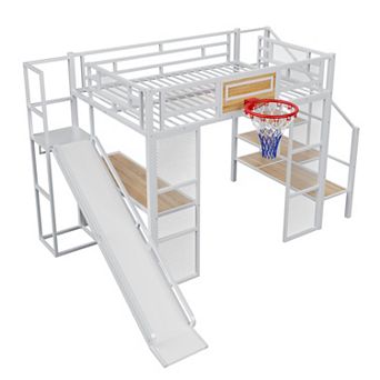 Trikiousd Full Size Loft Bed w/ Desk & Storage Staircase, Metal Bed Frame w/Basketball Hoop & Slide