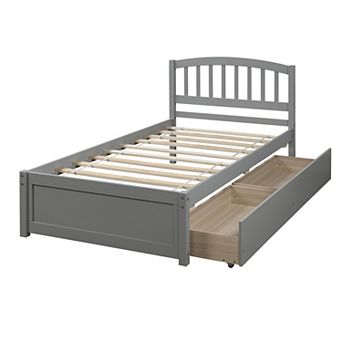 Trikiousd Wood Platform Bed Twin Low Profile Bed w/ 2 Storage Drawers, Modern Mattress Foundation