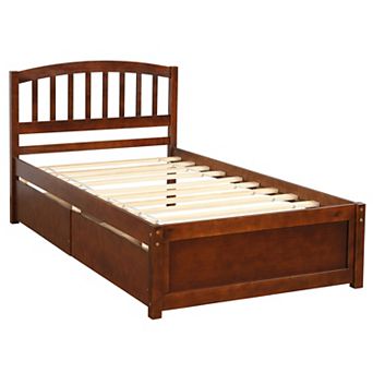 Trikiousd Wood Platform Bed Twin Low Profile Bed w/ 2 Storage Drawers, Modern Mattress Foundation