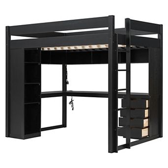Trikiousd Solid Wood Loft Bed w/ L-Shaped Desk, 4 Drawers, Open Shelves, APP Control LED Light & USB