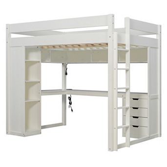 Trikiousd Solid Wood Loft Bed w/ L-Shaped Desk, 4 Drawers, Open Shelves, APP Control LED Light & USB