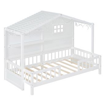 Trikiousd Wooden Twin Size Kids Bed House Bed with Storage Shelves & LED Light Strip
