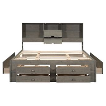 Trikiousd Bookcase Platform Bed Wood Captains Bed w/ Storage Headboard & Under Bed 8 Drawers