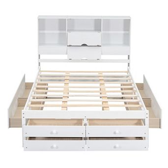 Trikiousd Bookcase Platform Bed Wood Captains Bed w/ Storage Headboard & Under Bed 8 Drawers