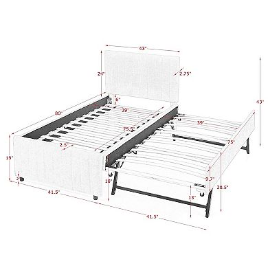 Trikiousd Chenille Upholstered Platform Bed Pop Up Trundle Bed, No Box Spring Needed